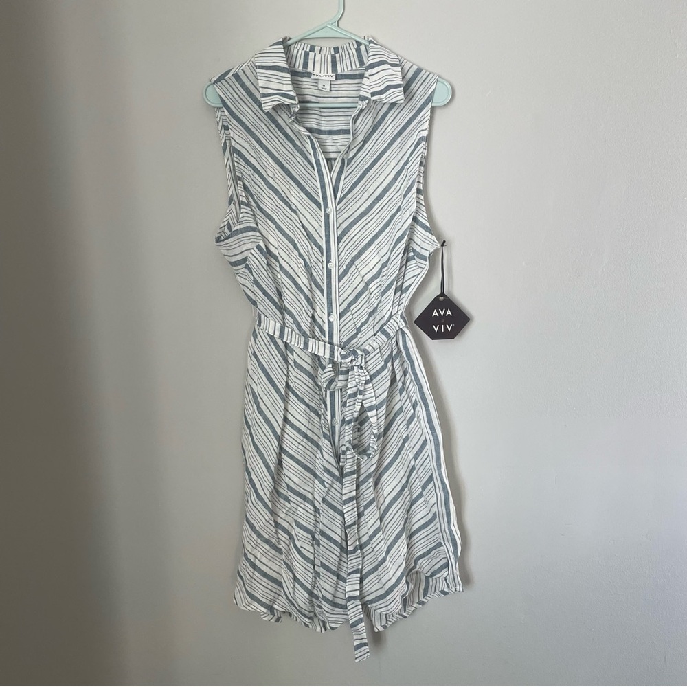 Ava & Viv Striped Linen Dress Blue and White 1X XL NWT with belt and lined